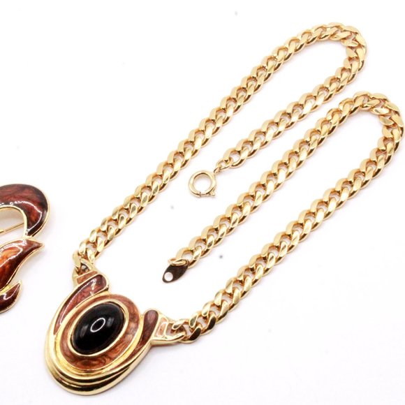 Vintage Mint Trifari TM Brown Enamel Black Cabochon Necklace Set - Picture 8 of 9